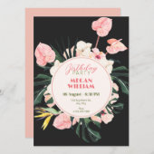 ピンクブラックフローラ誕生日招待状 招待状 (正面/裏面)