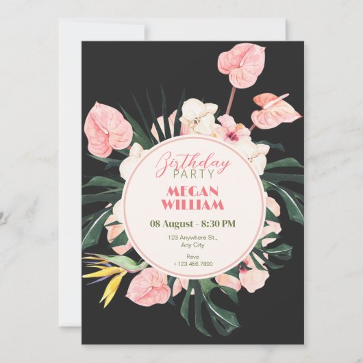 ピンクブラックフローラ誕生日招待状 招待状 (正面)