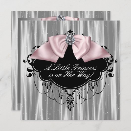 ピンクブラックプリンセスベビーガールシャワー 招待状 (正面/裏面)