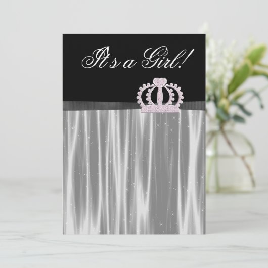 ピンクブラックベビーガールプリンセスシャワー 招待状 (スタンド正面)
