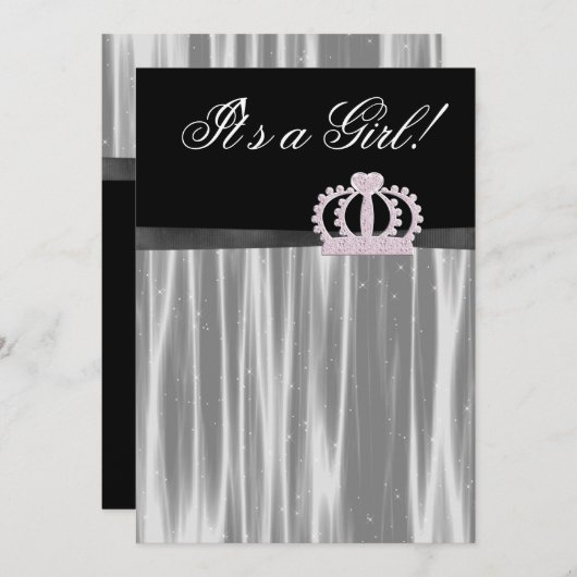 ピンクブラックベビーガールプリンセスシャワー 招待状 (正面/裏面)