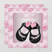ピンクブラックベビーシューズピンクブラックベビーガールシャワー 招待状 (正面/裏面)
