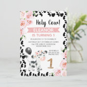 ピンクブラックホーリーカウーフローラカウープリント1st誕生日 招待状 (スタンド正面)