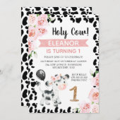 ピンクブラックホーリーカウーフローラカウープリント1st誕生日 招待状 (正面/裏面)