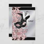 ピンクブラックマスクピンクブラックマスカレードパーティーRSVP 出欠カード (正面/裏面)
