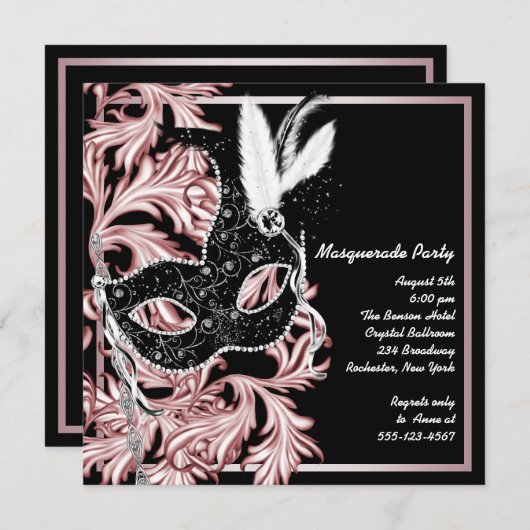 ピンクブラックマスクピンクマスカレードパーティー 招待状 (正面/裏面)