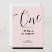 ピンクブラックモダンスクリプミニマルトONE FIRST BIRTHDAY 招待状 (正面)