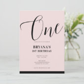 ピンクブラックモダンスクリプミニマルトONE FIRST BIRTHDAY 招待状 (スタンド正面)