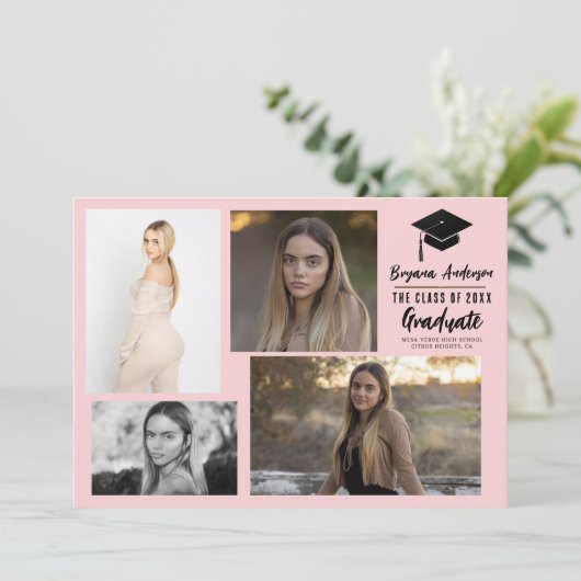 ピンクブラックモダン卒業式4写真のお知らせ 招待状 (スタンド正面)