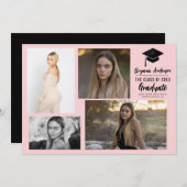 ピンクブラックモダン卒業式4写真のお知らせ 招待状 (正面/裏面)