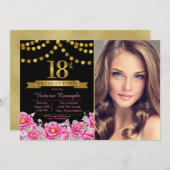 ピンクブラックモダン金ゴールド18thバースデーパーティー 招待状 (正面/裏面)