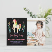 ピンクブラックユニコーン誕生日招待状と写真 招待状 (スタンド正面)