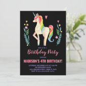 ピンクブラックユニコーン誕生日招待状 招待状 (スタンド正面)