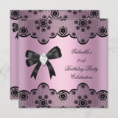 ピンクブラックレースエレガントバースデーパーティーダイヤモンド2 招待状 (正面/裏面)