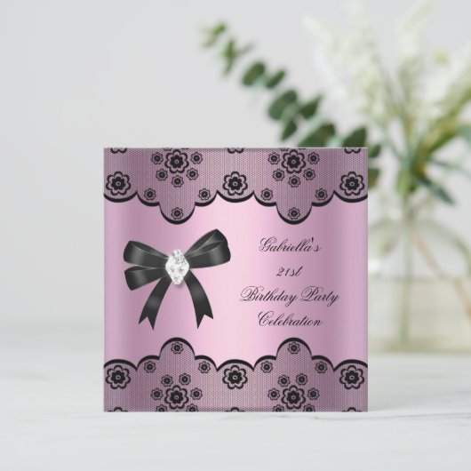 ピンクブラックレースエレガントバースデーパーティーダイヤモンド2 招待状 (スタンド正面)