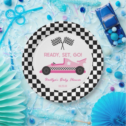 ピンクブラックレースカー準備セット行くベビーシャワー ペーパープレート (パーティー)