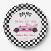 ピンクブラックレースカー準備セット行くベビーシャワー ペーパープレート (正面)