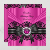 ピンクブラックレースパールエレガントバースデーパーティー 招待状 (正面/裏面)