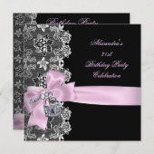 ピンクブラックレースフローラ誕生日パーティー鍵ロック 招待状 (正面/裏面)