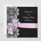 ピンクブラックレースフローラ誕生日パーティー鍵ロック 招待状 (正面)