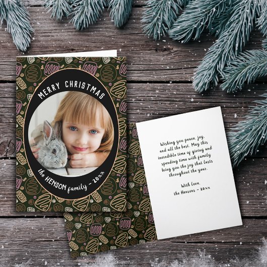 ピンクブラックワンラインアートクリスマスファミリーフォトホール シーズンカード