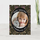 ピンクブラックワンラインアートクリスマスファミリーフォトホール シーズンカード (正面)