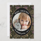 ピンクブラックワンラインアートクリスマスファミリーフォト シーズンカード (正面)