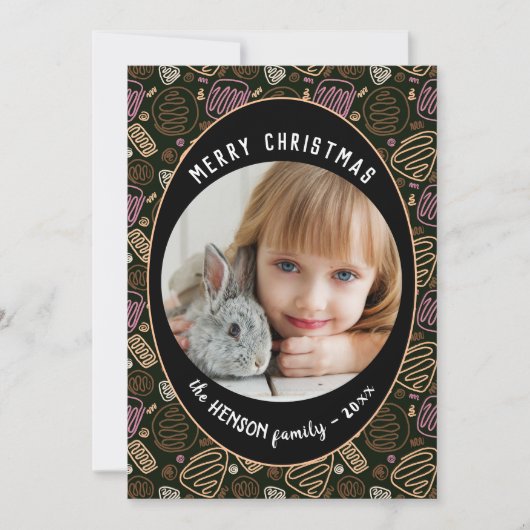 ピンクブラックワンラインアートクリスマスファミリーフォト シーズンカード (正面)