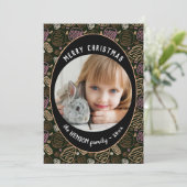 ピンクブラックワンラインアートクリスマスファミリーフォト シーズンカード (スタンド正面)