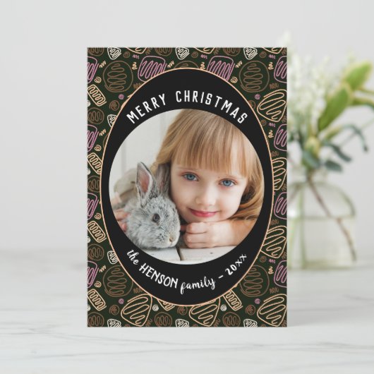 ピンクブラックワンラインアートクリスマスファミリーフォト シーズンカード (スタンド正面)