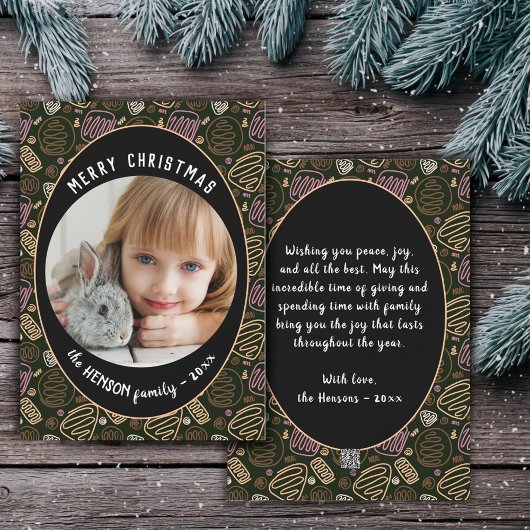 ピンクブラックワンラインアートクリスマスファミリーフォト シーズンカード