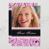 ピンクブラック写真16番目のバースデーパーティ招待状 招待状 (正面/裏面)