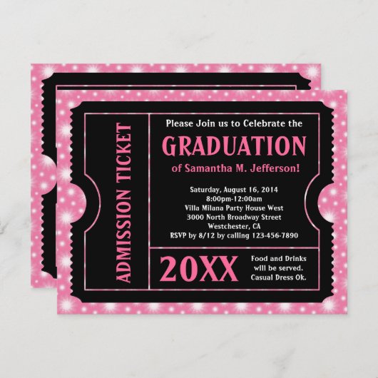 ピンクブラック卒業パーティーチケット招待状 招待状 (正面/裏面)