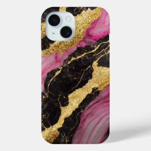ピンクブラック大理石金ゴールド iPhone 15ケース