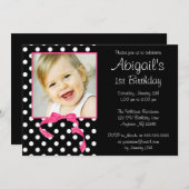 ピンクブラック水玉模様ガール写真1日目の誕生日パーティー 招待状 (正面/裏面)