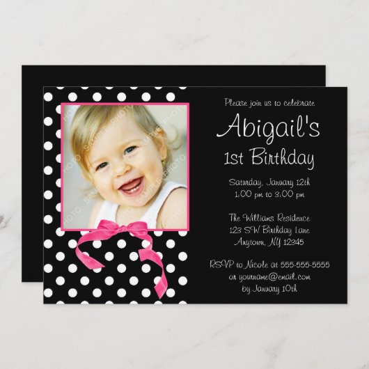 ピンクブラック水玉模様ガール写真1日目の誕生日パーティー 招待状 (正面/裏面)
