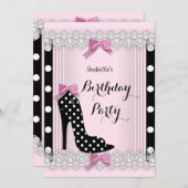 ピンクブラック水玉模様ハイヒールバースデーパーティー 招待状 (正面/裏面)