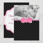 ピンクブラック水玉模様フォトベビーサンキューカード サンキューカード (正面/裏面)