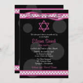 ピンクブラック水玉模様ボウバルミツワー招待状 招待状 (正面/裏面)