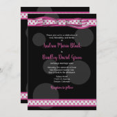 ピンクブラック水玉模様リボン結婚式招待状 招待状 (正面/裏面)