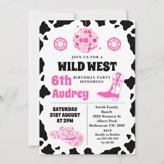 ピンクブラック牛プリントワイルドウエスト女性のカーボーイ誕生日 招待状 (正面)
