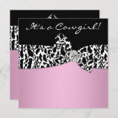 ピンクブラック牛プリント女性のカーボーイベビーシャワー 招待状 (正面/裏面)