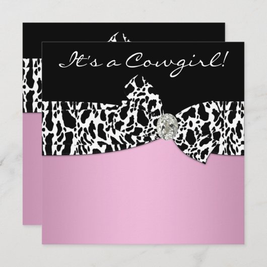 ピンクブラック牛プリント女性のカーボーイベビーシャワー 招待状 (正面/裏面)