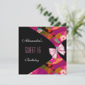 ピンクブラック甘い16誕生日パーティーの招待の花 招待状 (スタンド正面)