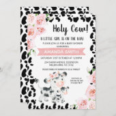 ピンクブラック聖牛フローラ牛プリント赤ちゃんシャワー 招待状 (正面/裏面)