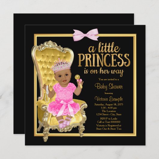ピンクブラック金ゴールドエスニックプリンセスベビーシャワー 招待状 (正面/裏面)