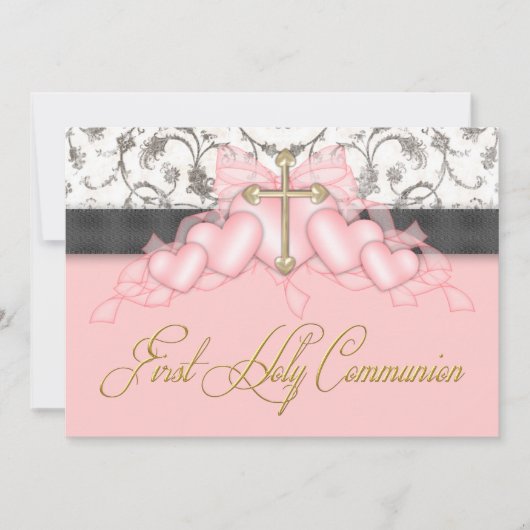 ピンクブラック金ゴールドクロスガールズピンクファースト聖餐式 招待状 (正面)