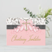 ピンクブラック金ゴールドクロスガールズピンク《キリスト教》洗礼式や命名式 招待状 (スタンド正面)