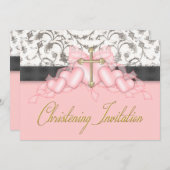 ピンクブラック金ゴールドクロスガールズピンク《キリスト教》洗礼式や命名式 招待状 (正面/裏面)