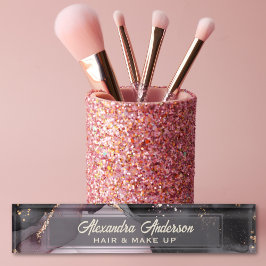 ピンクブラック金ゴールドグリッターアゲートマーブル抽象芸術 デスクネームプレート